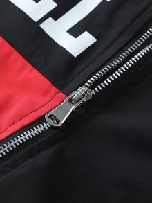 Men's Red & Black Colorblock Letter Print F1 Racing Style Aviator Jacket, Vintage Motorcycle Jacket, American Biker Style Ribbed Hem Casual Flight Jacket - black red - View 8