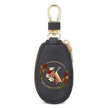 Floral Wreath Letter A-Z Car Key Holder, Mini Car Key Storage Bag, PU Leather Keychain Wallet, Zipper Pouch, Car Key Organizer, Car Keychain, Unisex Gift - Multicolor - View 24