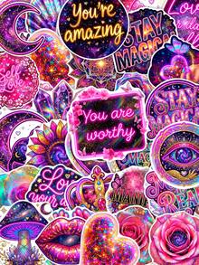 50Pcs Neon Positive Affirmation Stickers, Holographic Cosmic Art, Motivational Quote & Crystal Motif, Waterproof Vinyl Stickers, For Water Bottle, Laptop, Journal Scrapbook Decor - Multicolor - View 1