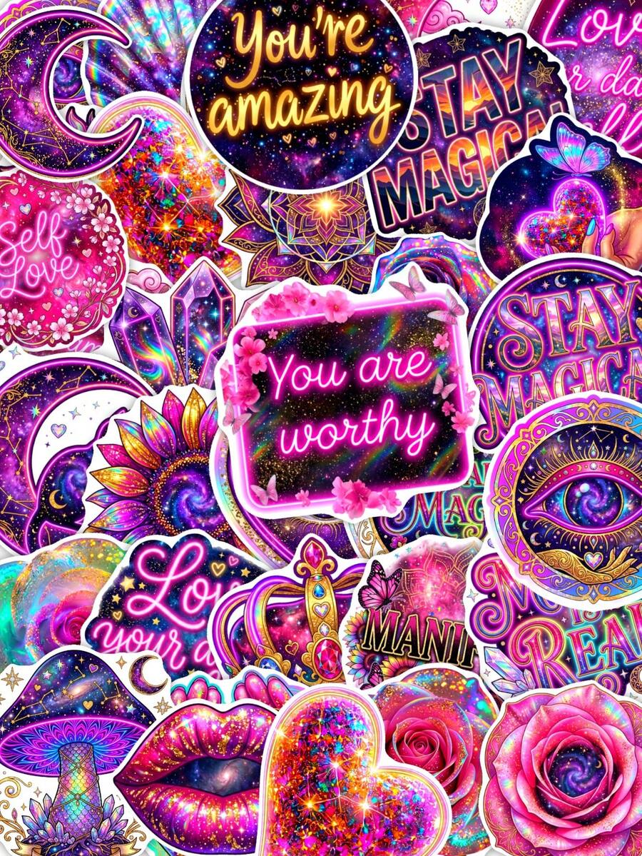 50Pcs Neon Positive Affirmation Stickers, Holographic Cosmic Art, Motivational Quote & Crystal Motif, Waterproof Vinyl Stickers, For Water Bottle, Laptop, Journal Scrapbook Decor - Multicolor - View 1