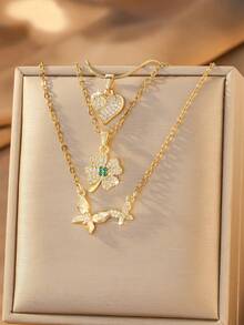 3pcs Niche Luxury Multi-Layer Stackable Heart Clover Butterfly Pendant Necklace, Exquisite Atmosphere, Suitable For Women's Daily, Party And Holiday Wear, Beautiful Jewelry Gift For Women - Necklace Set - View 9