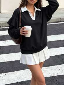 Women Fall Elegant Collared V Neck Long Sleeve Sweatshirt, Ruffle Detail, Loose Pullover Top For Holiday Festival Daily Outfit - Black and White - View 10