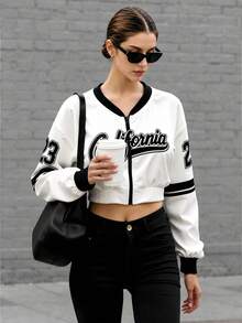 Women's Black & White Printed Sports Baseball Jacket, Short Waist Design Suitable For Sports And Daily Outings - Black and White - View 1