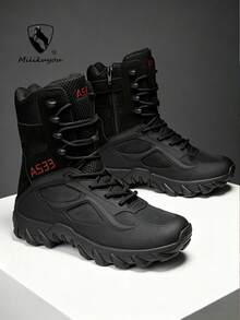Men's Breathable Durable Side Zipper Lace-Up Round Toe High-Top Thick Sole Tactical Boots, Outdoor Hiking Desert Climbing Tactical Outdoor Spring Summer Suitable For Outdoor Hiking - Black - View 1