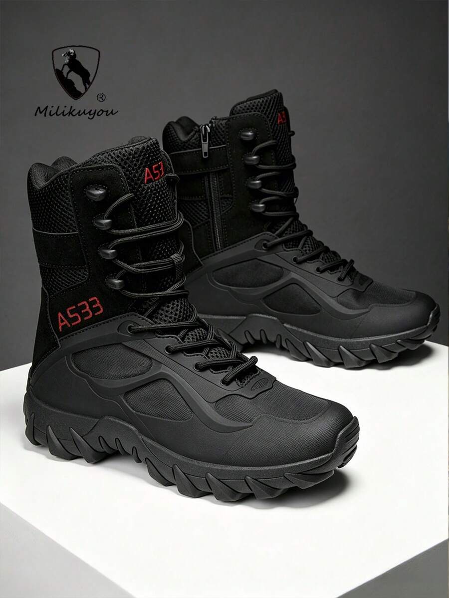 Men's Breathable Durable Side Zipper Lace-Up Round Toe High-Top Thick Sole Tactical Boots, Outdoor Hiking Desert Climbing Tactical Outdoor Spring Summer Suitable For Outdoor Hiking - Black - View 1