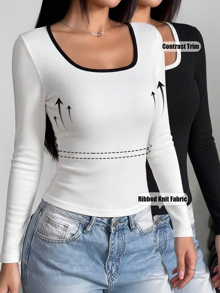 2pcs Contrast Trim U-Neck Ribbed Knit Slim Fit Long Sleeve T-Shirt, Women's Basic Casual Everyday Top - Multicolor - View 1