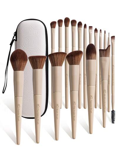 BS-MALL Highly Attractive Gift 18pcs Cream White Makeup Brush Set With Premium Floral Pattern Brush Bag, Full Set Of Facial Makeup Brushes
