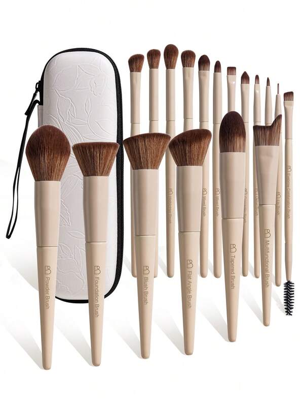 BS-MALL Highly Attractive Gift 18pcs Cream White Makeup Brush Set With Premium Floral Pattern Brush Bag, Full Set Of Facial Makeup Brushes