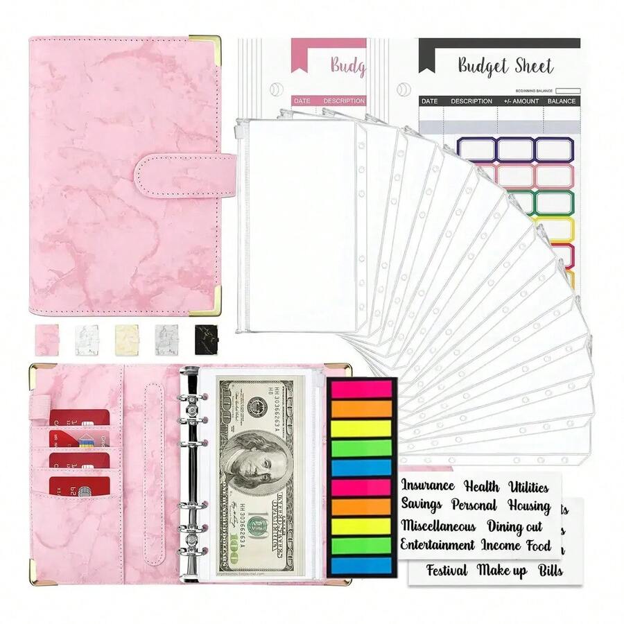 YICHN Organizador De Dinero A6,Agenda A6 de Anillas Desmontable + 12 Tarjetas dePresupuesto +12 Sobres para Efectivo +stickers en inglés y etiquetas. Incluye 200calcomanfas de regalo. Gris - Rosa - Ver 1