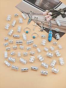 56pcs Stars And Moon Combo Dreadlock Hair Beads Jewelry Hair Rings Accessories Gifts For Girls And Women Dating Parties - Silver - View 5