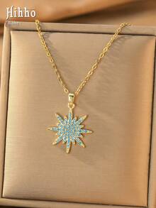 Hihho 1pc Bohemian 8-Pointed Star Necklace With Sparkling Zirconia Pendant, Layered Neck Chain For Women - Sun Star Radiance - View 13