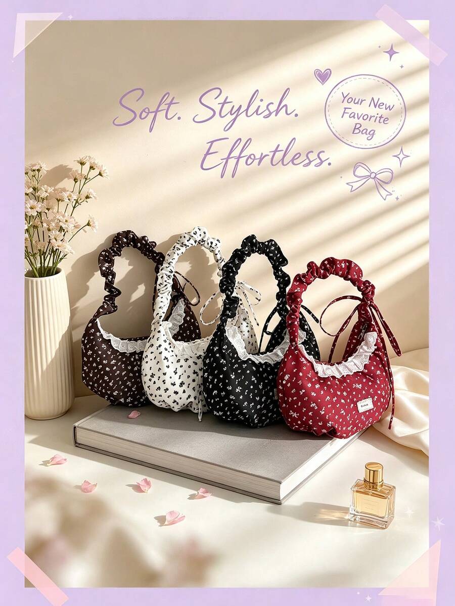 1PC Large Capacity Ditsy Floral Lace Trim Crossbody Bag, Zipper Design, Non-Adjustable Shoulder Strap, Suitable For Daily Outings, Can Easily Accommodate Daily Essentials, Versatile Item, Suitable For Various Styles And Occasions. - Multicolor - View 1