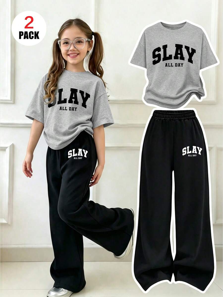 2pcs/Set Girls "SLAY" Slogan Print Crew Neck Short Sleeve T-Shirt And Elastic Waist Wide Leg Pants Set, Suitable For Vacation, Commute And Shopping - Multicolor - View 1