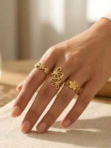 RAYQUEEN 3PCS Stainless Steel Fashion Hollow Flower Design 4-Opening Ring Set Decorative Jewelry For Women, Suitable For Daily Wear - Gold - View 2