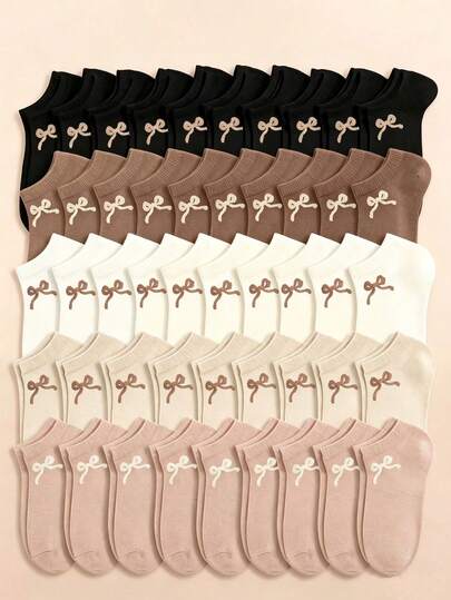 5/10/20 Pairs Random Women Socks, Cute Bow Detail Ankle Socks, Casual Daily For Fall Accessories And Back To School Gifts For Women