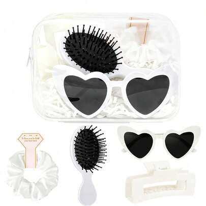 Set de 5 piezas de suministros para fiesta nupcial, incluye bolsa de maquillaje transparente, gafas decorativas, pinzas para el cabello, brochas, peines, perfecto para fiesta de boda, fiesta de pijamas, despedida de soltera y talla grande