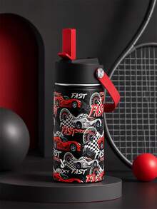 Meoky 12oz Sports Water Bottle, Single-Opening Hard Straw With Handle, Cartoon Print Portable Travel Cup, Suitable For Outdoor, Gym, School, Commute And Daily Use (Black & Red Racing Style) - Black and Red Racing - View 3