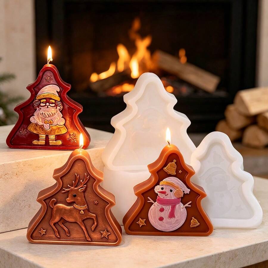 Geometry Xmas Tree Candle Silicone Mold With Santa Claus Reindeer Snowman Design DIY Scented Candle Making Mold For Christmas Holiday Home Decor Gift Crafts