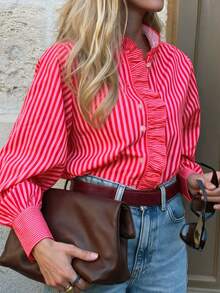 Blus Wanita Bergaris Kancing Depan dengan Hiasan Ruffle, Kerah Tegak, Lengan Panjang, Gaya Vintage Preppy Kasual Chic, Potongan Longgar - Garis-garis merah muda - View 3