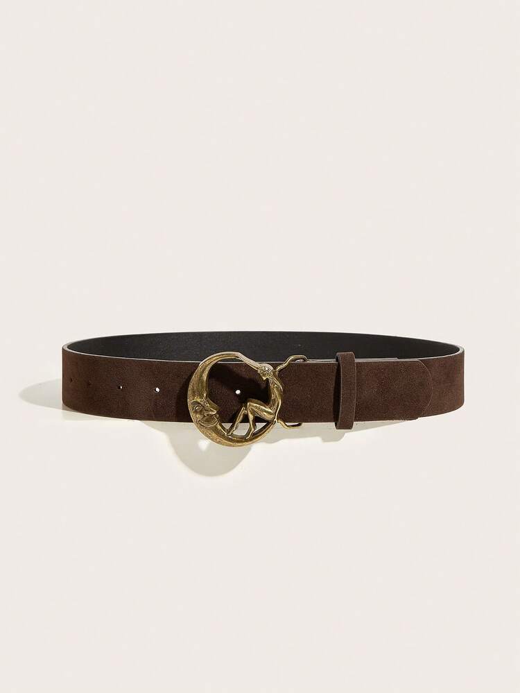 1pc Women's Vintage Moon Girl Round Buckle Coffee Suede Waist Belt, Suitable For Daily Use - Coffee - View 2