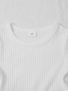 Girls White Round Neck Ribbed Long Sleeve Knit Patchwork Puff Hem Lantern Dress, Simple Cute Princess Style Young Girl Outfit - White - View 4