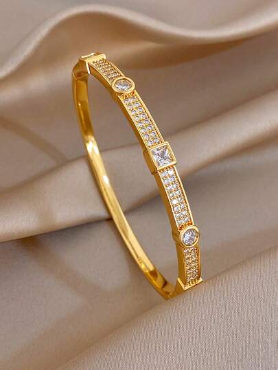 1pc Geometry Copper Bangle Bracelets For Women Gorgeous Zirconia Golden Copper Bangle For Daily Party Valentine's Day Christmas Jewelry Gifts