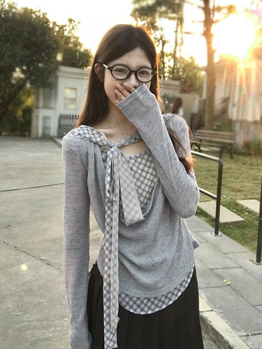 Korean Style Draped Neck Plaid Ribbon Patchwork Pleated Faux Two Pieces Long Sleeve T-Shirt, Niche Design Casual Versatile Autumn/Winter Women's Top - Grey - View 1