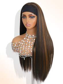 Synthetic Headband Wig For Women Half Wig Black Mixed Brown Highlight Wig Wear And Go Glueless Wig Long Straight Heat Resistant Fiber Daily Party 26 Inch - Multicolor - View 4