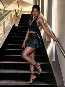 Women's High Waist Pleated Mini Skirt, Flared Skirt, Sexy A-Line Skirt, Suitable For Nightclub Party And Nightlife Outings - Black - View 3