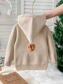 Infant & Toddler Boys & Girls Simple Solid Color Hooded Pom Pom Decor Zipper Cardigan Long Sleeve Knit Sweater Casual Versatile Jacket Suitable For Daily Wear, School, Spring, Autumn, Winter - Khaki - View 2