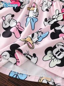 Disney Minnie & Mickey Big Head Print Pink Long Sleeve Dress For Baby Girls, Spring/Autumn, Cartoon Pattern, Slightly Elastic Knit, Round Neck, Suitable For Baby Girl Daily Wear, Great Gift - Pink - View 7