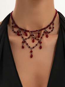 1pc Vintage Gothic Style Red Crystal Beaded Necklace, Multi-Layer Tassel Choker, Women's Daily Party Accessory - Burgundy - View 1