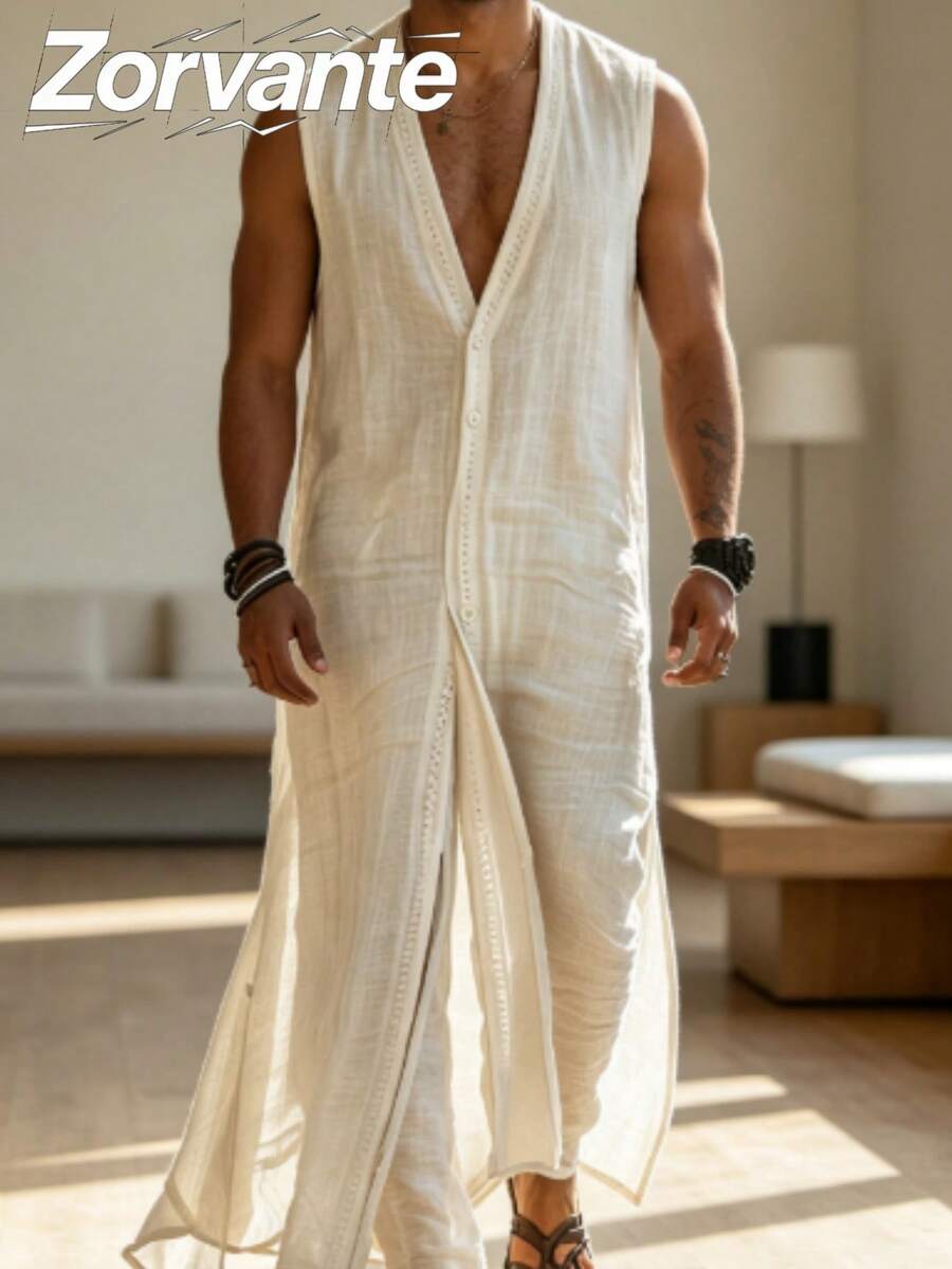 Men's outerwear | Vacation style men's casual sleeveless button up cardigan long robe - Blanco - Ver 1