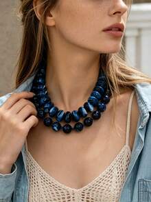 OABE 2pcs/Set Bohemian Style Navy Blue Beaded Layered Necklace Set Suitable For Women's Daily Wear - Blue - View 1