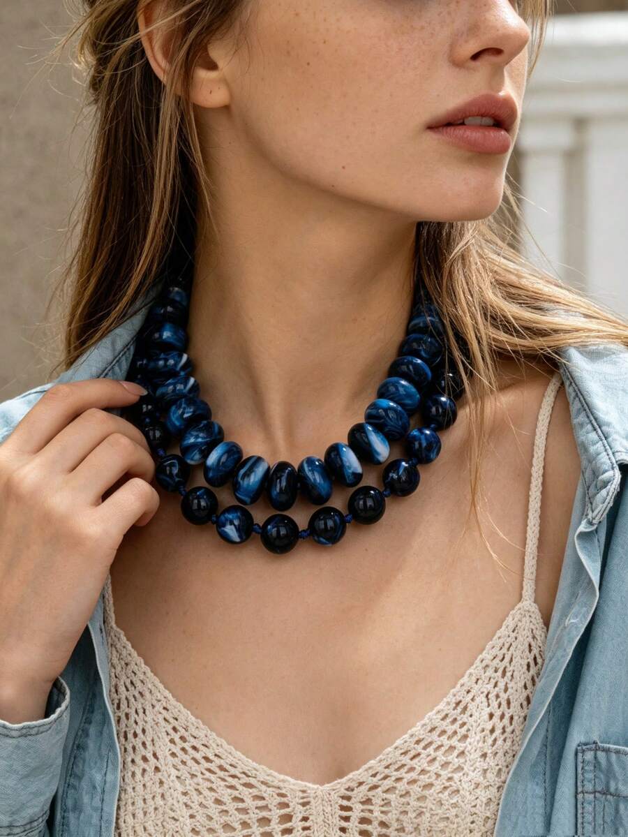 OABE 2pcs/Set Bohemian Style Navy Blue Beaded Layered Necklace Set Suitable For Women's Daily Wear - Blue - View 1
