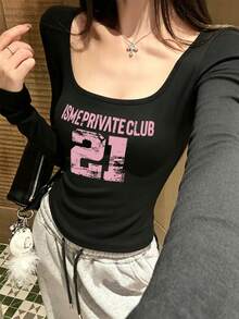 Women's U-Neck Long Sleeve T-Shirt, New Spring/Autumn Numeric & Letter Print, American Chic Style, Fashionable Casual Fitted Cropped Top Black - Black - View 7