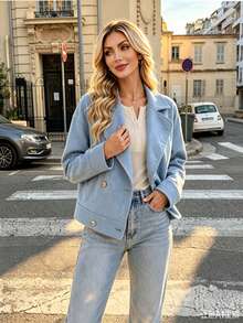 Women's Button Decor Casual Slim Fit Short Stand Collar Zip Up Jacket, Suede Fleece Short Coat Winter Style - Baby Blue - View 3