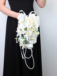 1pc Bohemian Style White Lily Water Drop Cascade Bridal Bouquet, Satin Ribbon Pearl Tassel, Wedding Photography Prop - White - View 3