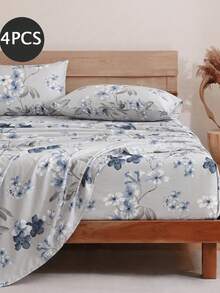 4-Piece Coffee Brown Leopard Print Bedding Set, Easy-Care Soft Bedding Set, Floral Pattern Fitted Sheet Set (1 Flat Sheet + 1 Fitted Sheet + 2 Pillowcases), Fitted Sheet Set, Suitable For King, Queen, Full, Twin Sizes, Deep Pocket Design, Fits Up To 11.8 Inch Pillowcases, Soft And Breathable, Wrinkle-Resistant - Dusty Blue - View 2