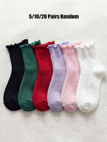 5/10/20 Pairs Random Baby Toddler Girls Frilly Socks, Sweet Solid Color Lettuce Edge Ribbed Crew Socks For Kids Halloween,Christmas Birthday Gifts - Multicolor - View 2