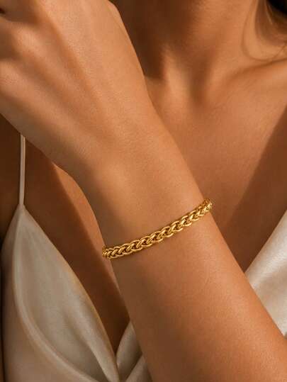 Letingsha 1pc Classic Gold-Plated Woven Wheat Chain Bracelet For Women, Suitable For Daily Wear, Parties And Dates