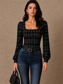 Women's Black Knitted Square Neck Top - Black - View 7