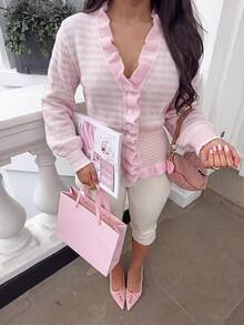 Women's Pink Striped Knit Cardigan, Vintage Elegant Ruffle V-Neck, Autumn Outfit, Suitable For Party & Gathering & Commute Wear. - Pink - View 4