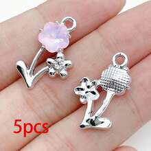5/20pcs Silvery Plated Pink Rhinestone Charms Ballerina Fairy Butterfly Bear Moon Star Bow Shell Pendant For DIY Necklace Earring Jewelry Making - Pink - View 10