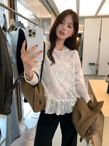 New Women's Minimalist Autumn French Lace Top, Long Sleeve Ruffle Hem, Youthful Loose Fit Top - Apricot - View 7