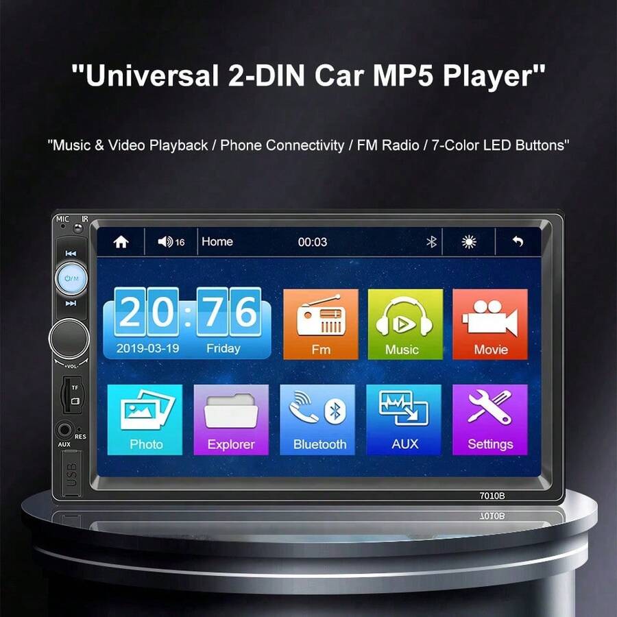 مشغل MP5 للسيارة بحجم 7 بوصة مزدوج DIN - شاشة لمس + دعم انعكاس أندرويد/iOS، كاميرا خلفية، USB/بطاقة TF/راديو FM، أزرار بإضاءة خلفية متعددة الألوان، نظام صوتي عالمي للسيارة - الأسود - مشاهدة 1