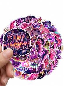 50Pcs Neon Positive Affirmation Stickers, Holographic Cosmic Art, Motivational Quote & Crystal Motif, Waterproof Vinyl Stickers, For Water Bottle, Laptop, Journal Scrapbook Decor - Multicolor - View 4