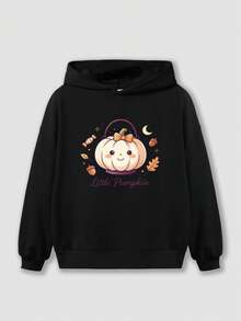 1-Piece Boys' Halloween Hoodie, Small White Pumpkin Basket Printed Hooded Sweatshirt, Suitable For Boys' Daily Party Pullover - Festive Gift - Black - View 2