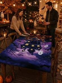 1pc Wrinkle-Resistant Rectangular Halloween Theme Elastic Tablecloth, Pumpkin Bat Ghost Halloween Print Tablecloth, Reusable Party Tablecloth, Suitable For Outdoor Patio Dinner, Halloween Garden Party, Outdoor Autumn Holiday Decor - A - View 8