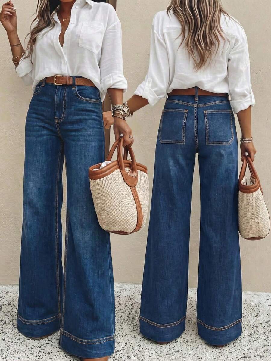 Jeans acampanados para mujer con bolsillos y botones, casuales y versátiles para uso diario, primavera y otoño - Azul oscuro - Ver 1